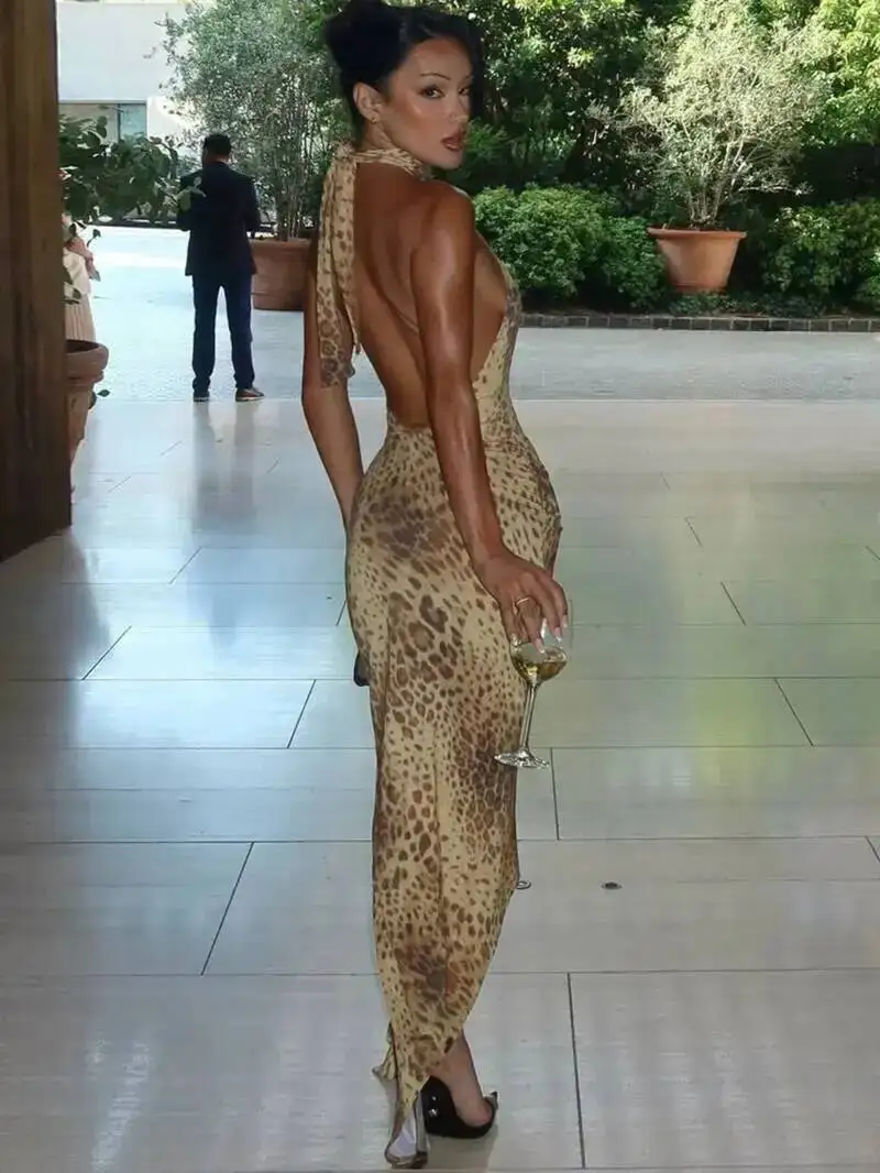 Modisches Neckholder-Leopardenkleid Sexy Rückenfreies Maxikleid Damen Club-Outfits Bandage-Verziertes Langes Kleid Robe Kleidung Kleider 4WAD