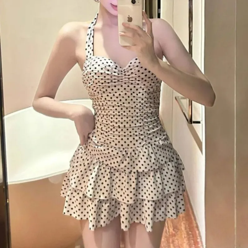 Traje de baño fruncido con estampado de puntos para mujer, traje de baño Sexy de una pieza sin mangas con cuello Halter, vestidos de playa para vacaciones, traje de baño conservador