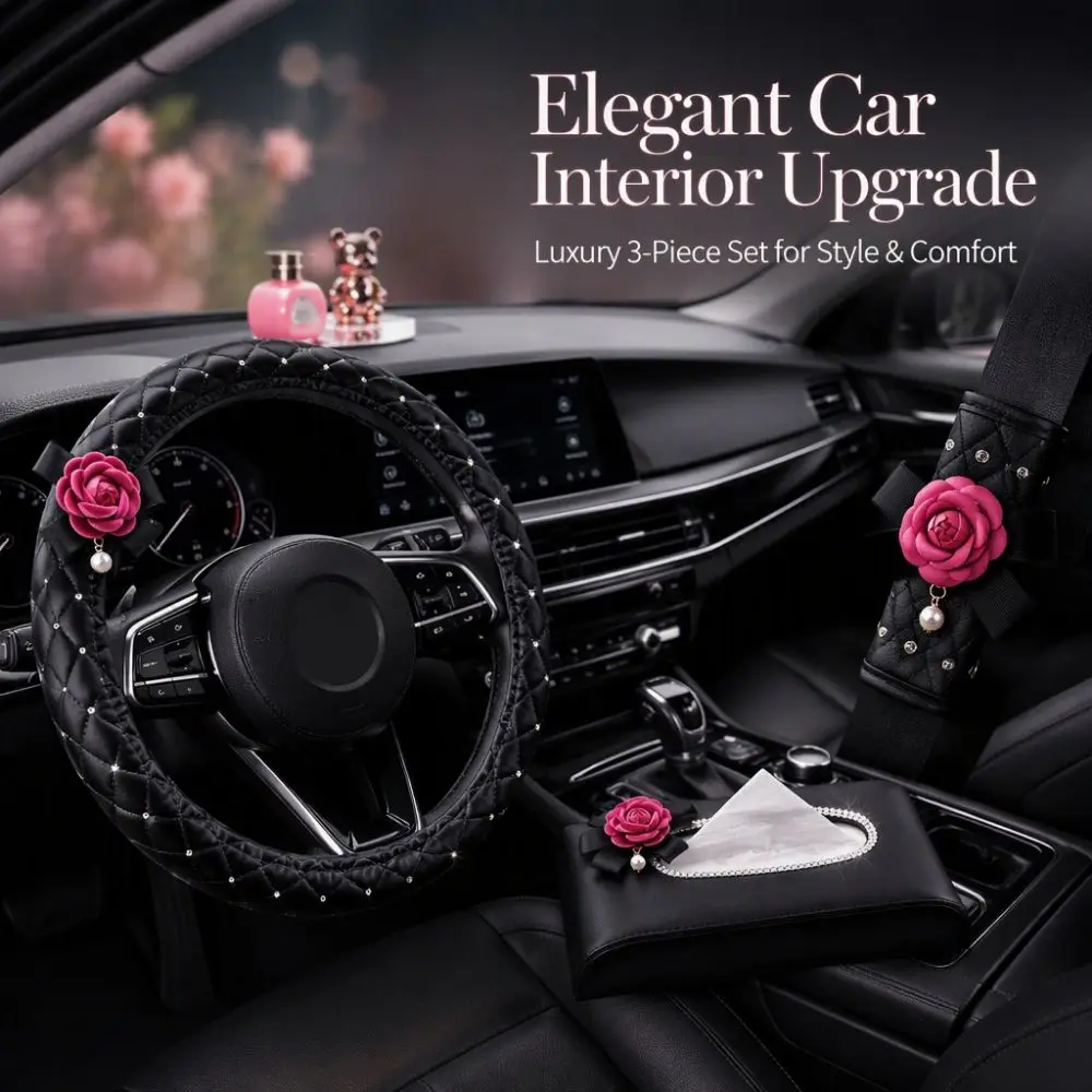 Elegant 7-piece car steering wheel cover set, floral decoration, car interior accessories, universal style, women's gift.