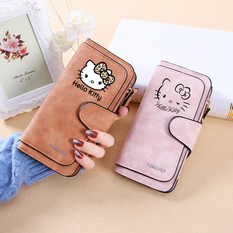 New Hello Kitty Wallet  Women Anime Cartoon Fashion Multi-Card Slot Purse  Buckle Nubuck Material Two-color Fabric Wallets Gift