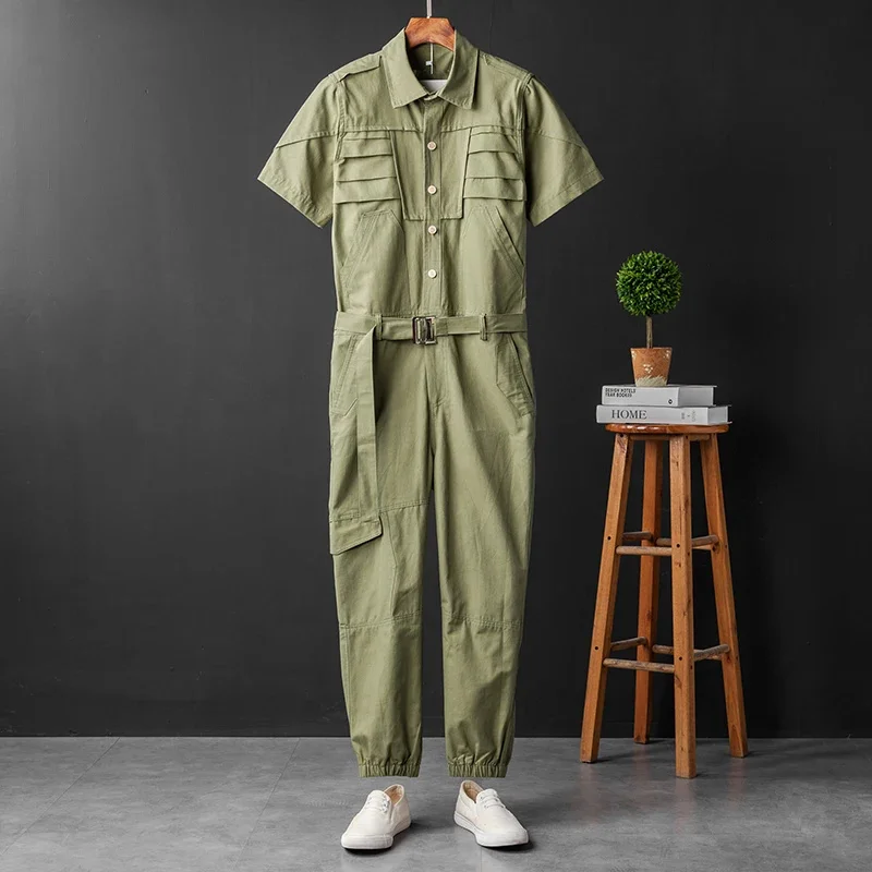 Summer Men's Short Sleeve Jumpsuit Lapel Slim Fit Hip Hop Overalls Joggers Streetwear Casual Cargo Pants Green Black Trousers