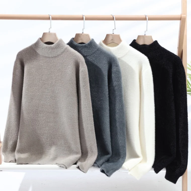 

Half High Neck Pullovers Sweater for Men Autumn Winter Thick Solid Color Knitted Sweaters Men Base Sweater Fleece Inner Pullover