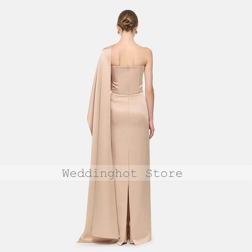 فساتين زفاف الضيوف الشمبانيا للنساء بكتف واحد عمود فساتين سهرة طويلة ثنيات من الساتان فستان رسمي أنيق للحفلات 2025