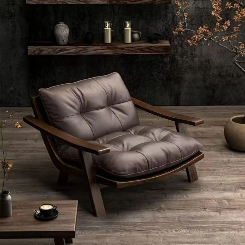 

Medieval Nordic solid wood leisure chair retro leather single sofa sitting sofa