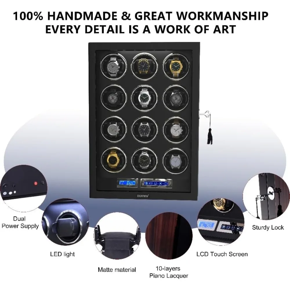 ملفاف ساعة لساعات أوتوماتيكية 6/9/12 مع قفل مفتاح، شاشة LCD، جهاز تحكم عن بعد، ضوء LED، وسادة ساعة قابلة للتعديل #1