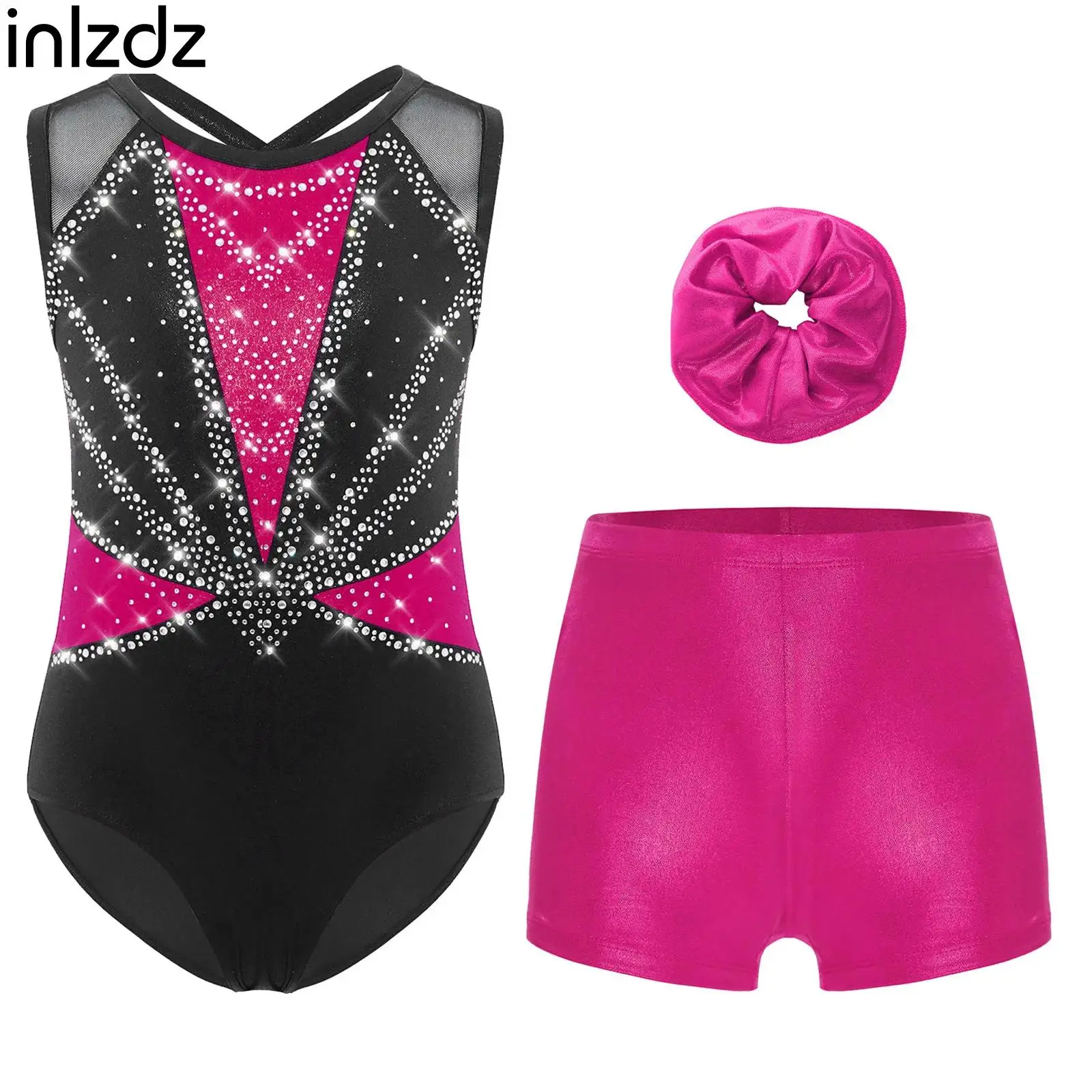

3 Pcs Kids Girls Ballet Dance Leotard Gymnastics Performance Costume Sleeveless Rhinestones Skating Bodysuit+shorts+Hairband Set