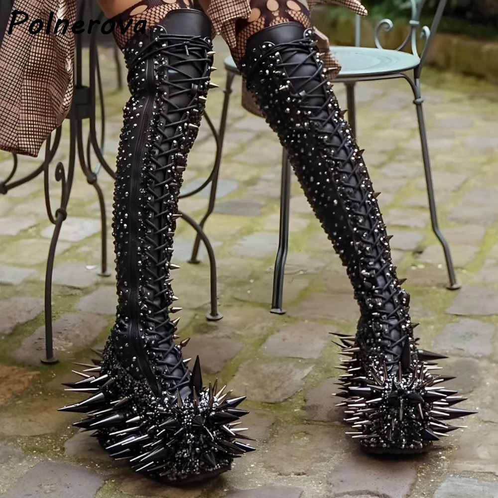 Rivet argenté noir bottes longues croix liée métal foncé Punk plate-forme talons épais chaussures Sexy femmes pointes hiver bottes longues chaudes