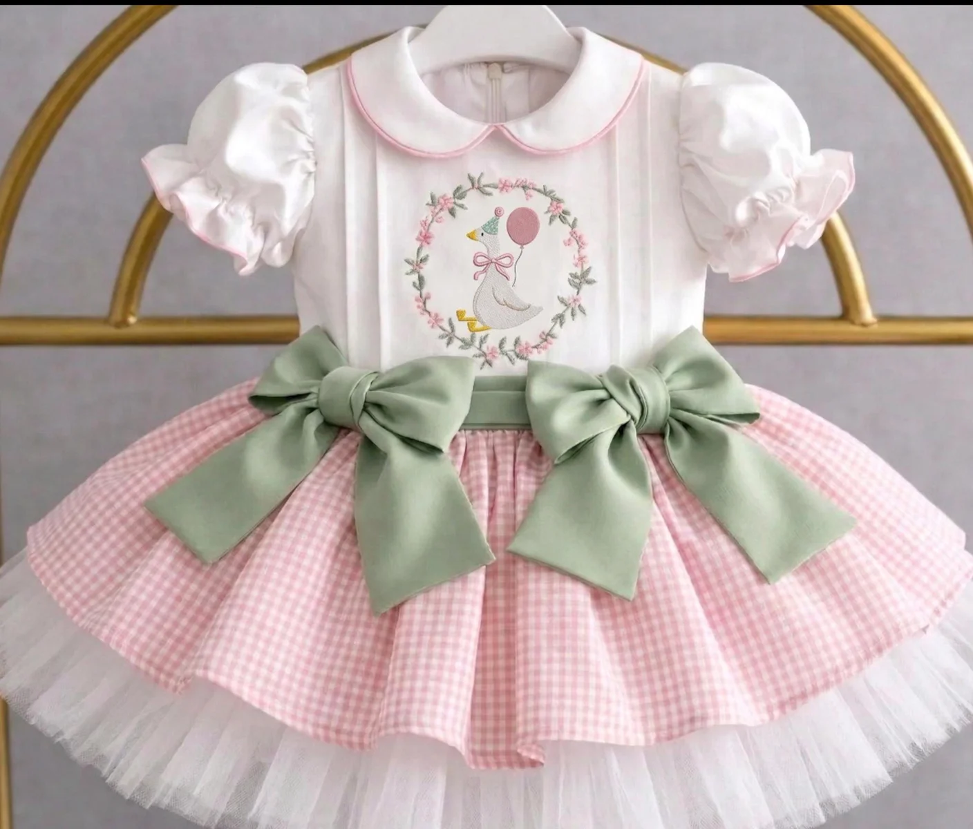 

Summer Girl Duck Balloon Embroidered Pink Checkered Puffy Dress For Casual Party Birthday Wedding Photography B606