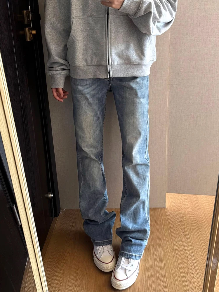 

Голубые облегающие прямые джинсы, мужские джинсовые брюки High Street Sle с высокой талией, молодежные повседневные брендовые брюки Faion Bcare