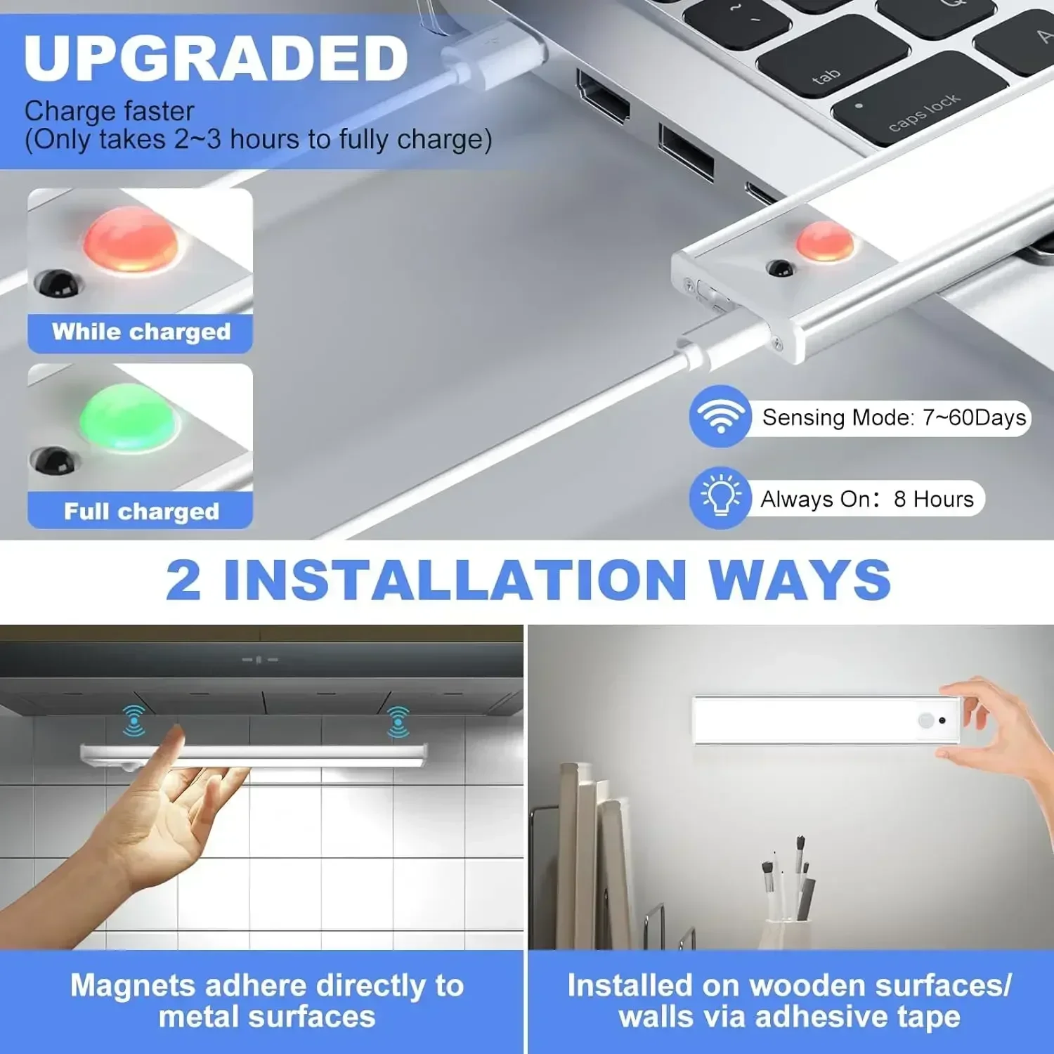 Xiaomi-Veilleuse LED sans fil avec capteur de mouvement, aste par USB, lampe pour chambre à coucher, armoire de cuisine, éclairage télécommandé, 60cm