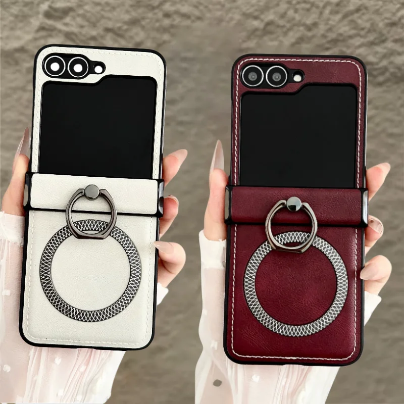 Klassische Rindsleder-Textur Magsafe Handyhülle für Samsung Z Flip 7 6 5 Flip 4 3 Metall-Fingerring-Ständerhalter Matte Abdeckung