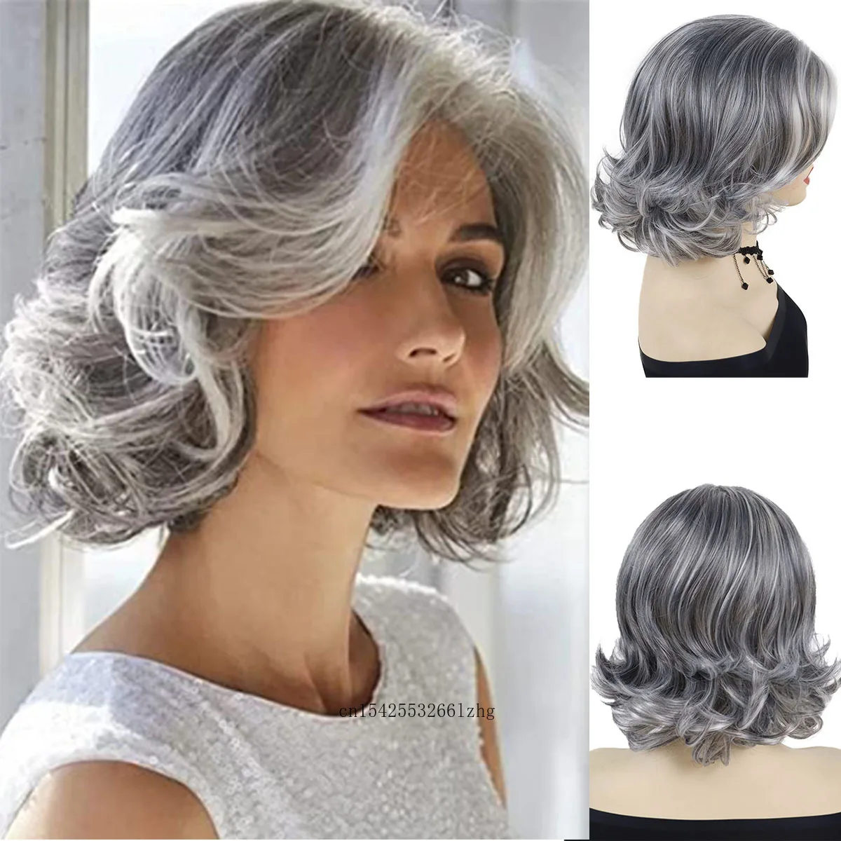 GNIMEGIL Synthetic Short Curly Hair Silver Grey Wig for Women Natural Daily Lady Wig Heat Resistant Stylish Mommy Wig Cosplay