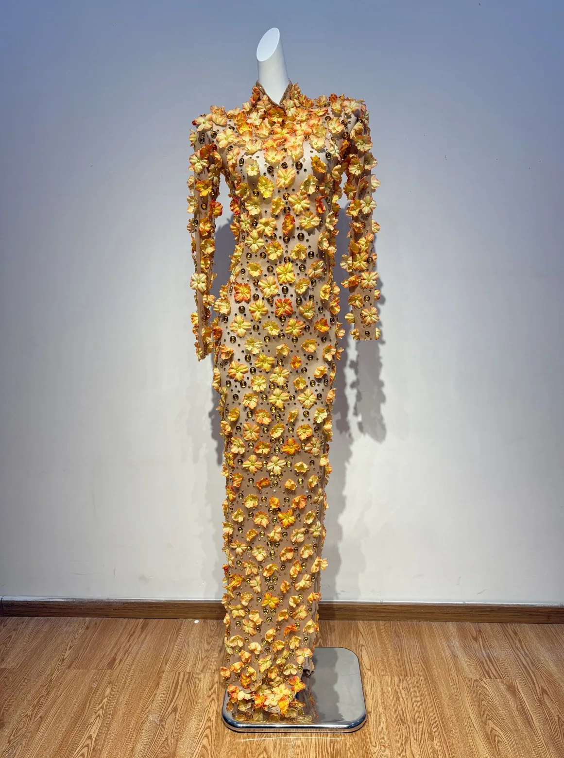 2026 New Women Celebrity Sexy Long Sleeve 3D Flowers Yellow Long Dress Elegant Evening Club Party Outfitn