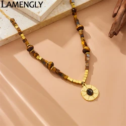 LAMENGLY 316L Stainless Steel Amber Cube Beads Disc Pendant Necklace For Women Retro Personalized Non-Fading Clavicle Chain