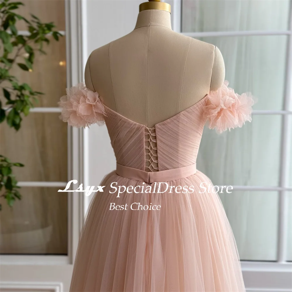 LSYX Off Shoulder Flowers Sweetheart Pastrol Evening Gown Tulle Tea-Length A-line Lace-up Back Prom Dress