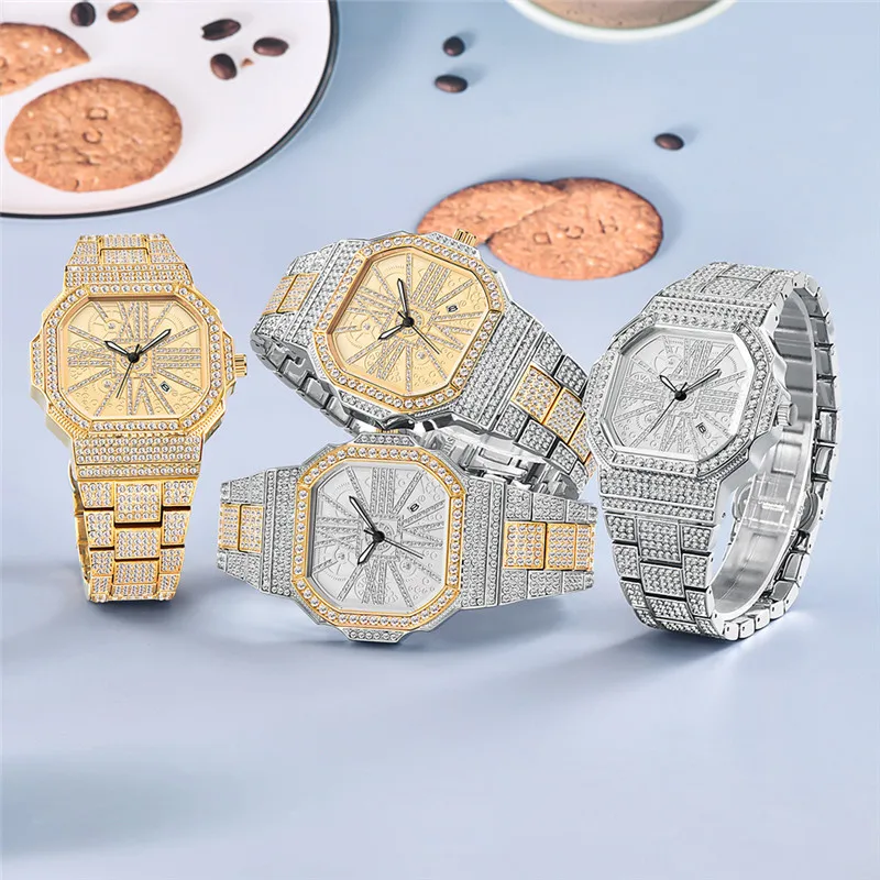 Golden Big Brand Watch For Men Fashion Alloy Band Hip Hop Diamond Calendar Quartz Designer Watches Relogio Masculino Ouro 2024