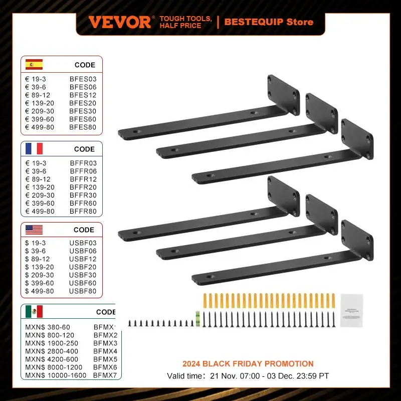 VEVOR Shelf Bracket 12”Lx4”Wx1.6”H 6 Pcs Heavy Duty Floating Shelf Brackets Brackets for Shelves 5mm Thick Matte L Shelf Bracket