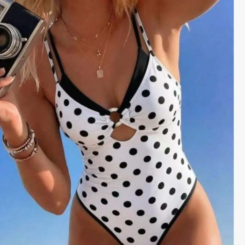 Vintage Polka Dot One Piece Swimsuit Women 2 Layer Bikini Lining O-Ring Hollow Out Monokini Pool Swimwear Купальник Женский