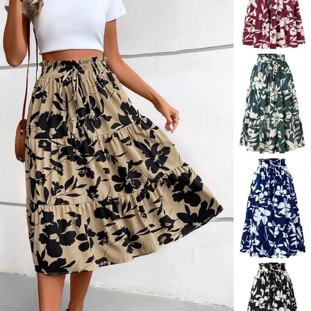 Ladies Vintage Floral Pleated Midi Skirt Elastic Waist A Line Skirt Summer Breathable Casual Elegant Streetwear