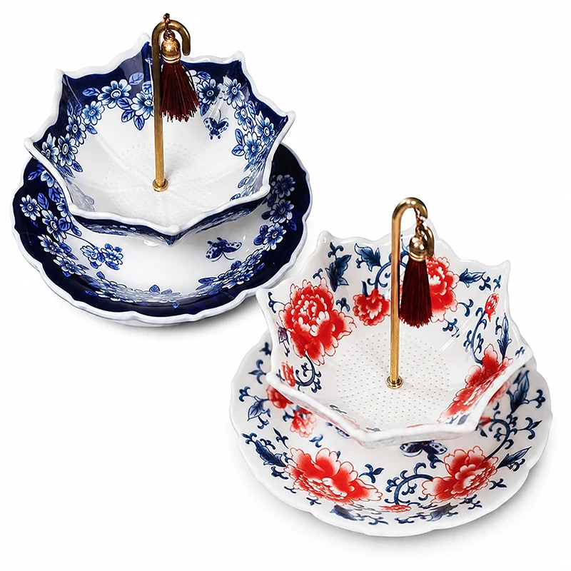 Umbrella Shape Ceramic Tea Strainer Chinese Blue & White Porcelain Loose Leaf Filter Rotating Design Multi-Purpose Tea Infuser