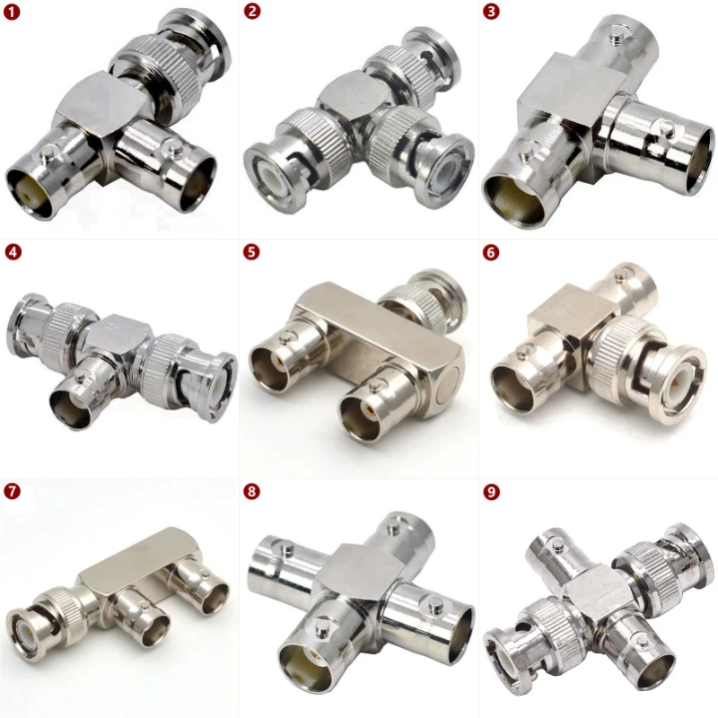 Q9 BNC Male Female Connector Tee Type 3Way Splitter BNC To BNC Male Female 90 Degree Right Angle Brass RF Coaxialc