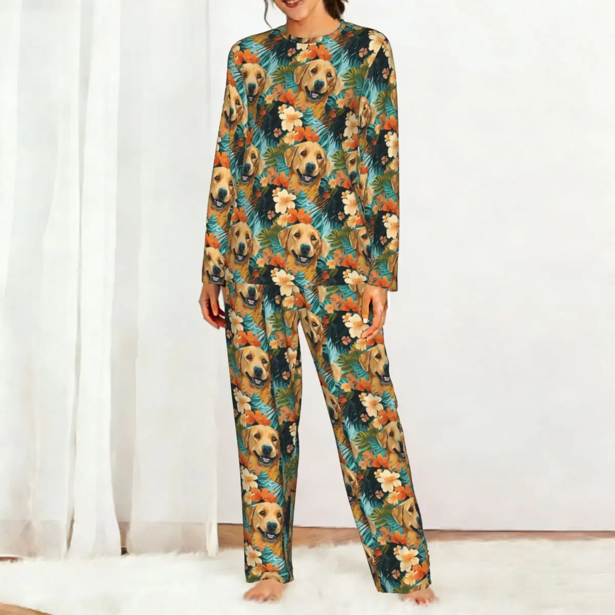 Golden Labrador Retriever Dog Tropical xdvsd Round Neck Long Sleeve Nightgowns for Sleepshirts Women Soft Pajama Set Long Pants