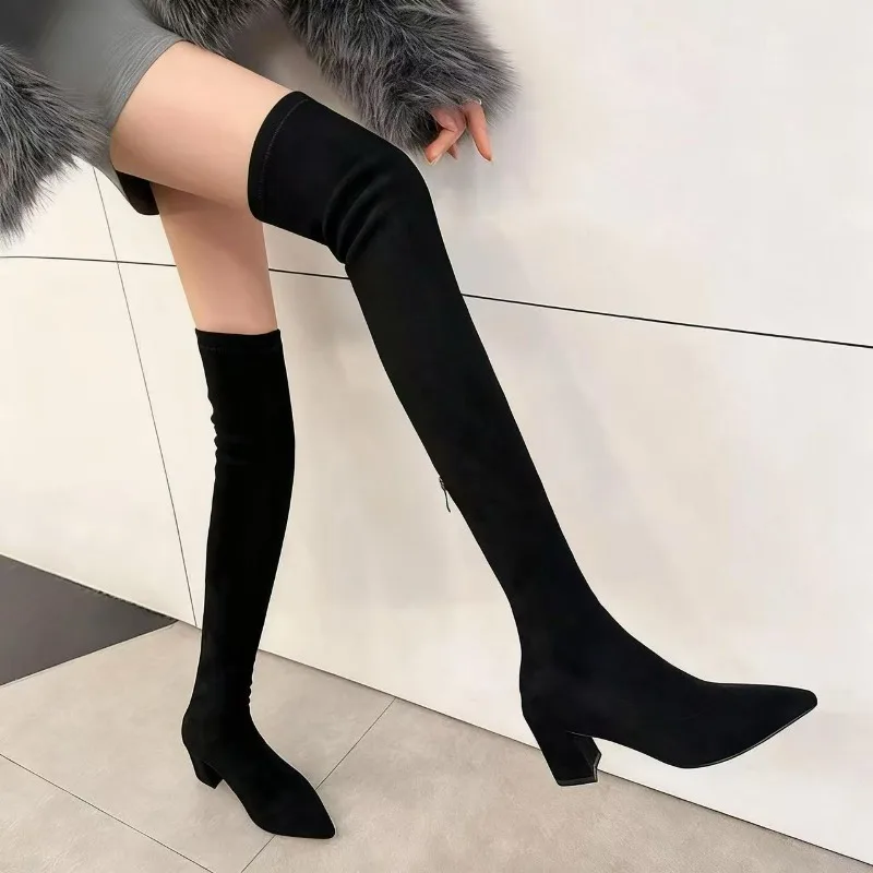 أحذية نسائية مثيرة بمقدمة مدببة فوق الركبة أحذية بكعب مربع أحذية عالية دافئة أحذية جورب مرنة للنساء من جلد الغزال أحذية بسحاب خلفي #5