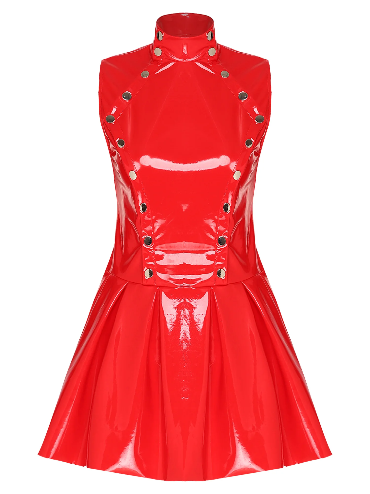 

Women Shiny Wet Look PU Dress Open Front Snap Buttons Sleeveless Pleated Hem Sexy Stretchy for Rave Nightclub Clubwear
