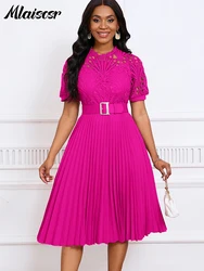 Mlaiscsr Elegant Luxury Wedding Guest Pleated Dresses with Belt Women O Neck Lace Patchwork Short Sleeve Birthday Party Robe New