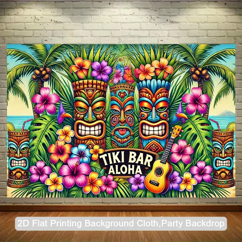 

2D plane design, 1 piece of Hawaiian tropical tiara banner - Tahitian mask, palm leaf and hibiscus flower patterns