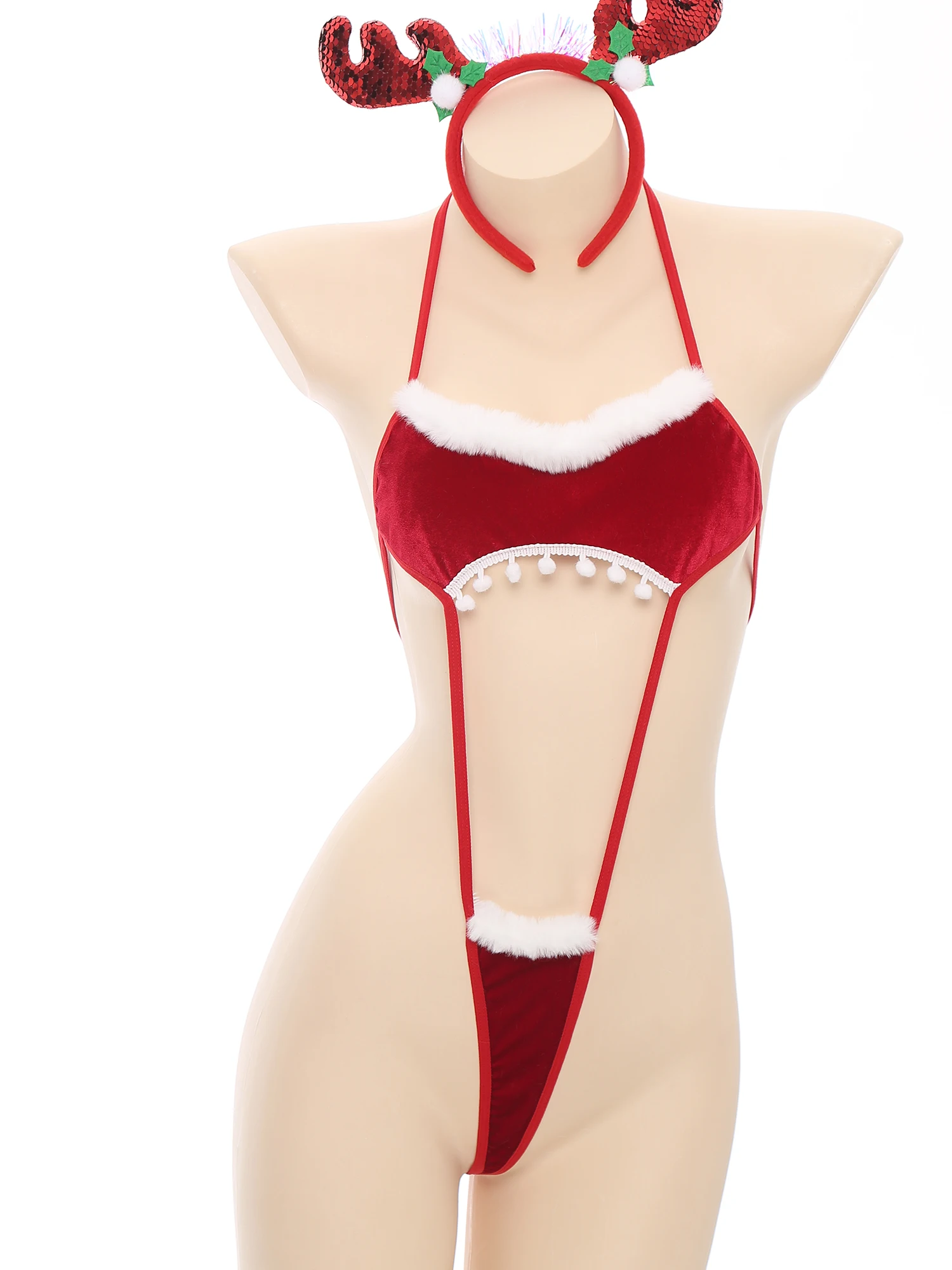 

Christmas Role Play Lingerie Sets Womens Sexy Sleeveless Bow Knot Pompoms Velvet Costume with Headwear for Fun Night Sleepwear