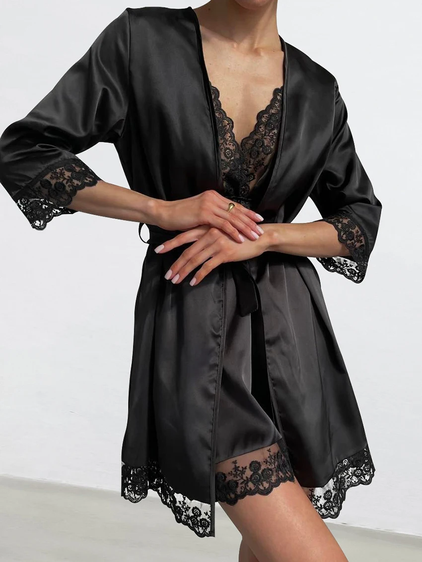 Marthaqiqi Lace Sexy Ladies Nightgowns Suit Spaghetti Strap Pajamas V-Neck Three Quarter Sleeve Nightie Mini Dress Home Clothes