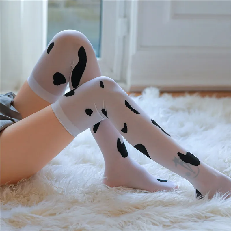 Funny Cow Spots Design Sexy Stockings Cosplay Anime Knee High Socks Personality White Stocking Women Nylon Casual Hosiery