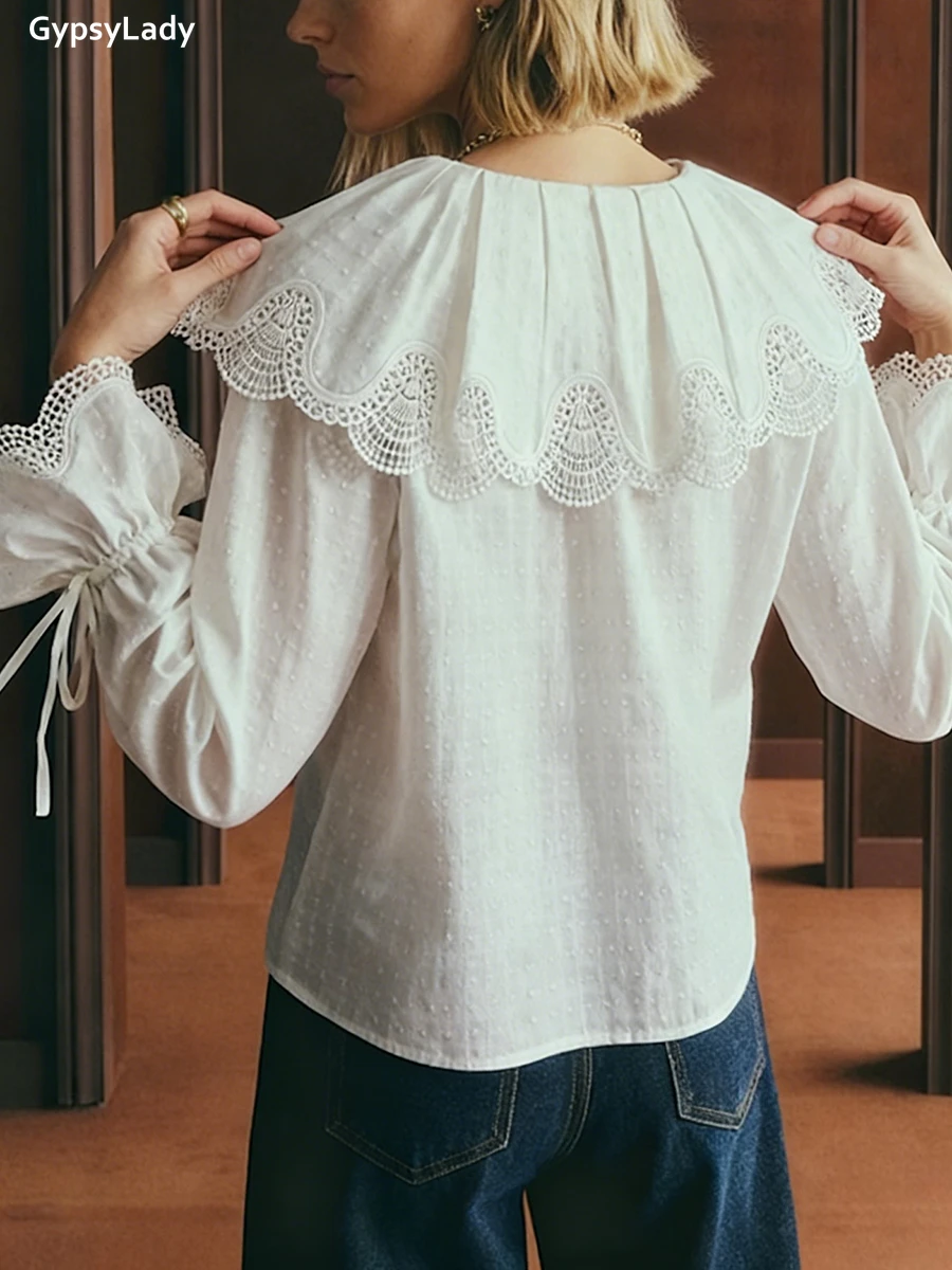 ヴィンテージフレンチスタイル白ブラウスシャツ女性花柄刺繍レースネクタイベルスリーブ綿ボタン付きカジュアルレディースシャツトップス