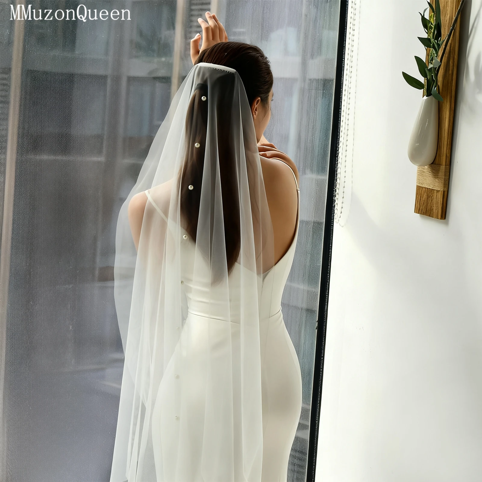 TOPQUEEN أنيقة اللؤلؤ الحجاب الزفاف Velo De Novias طبقة واحدة غزل ناعم جولة الرقص الحجاب طرحة الزفاف الدعائم الزفاف V64 #2