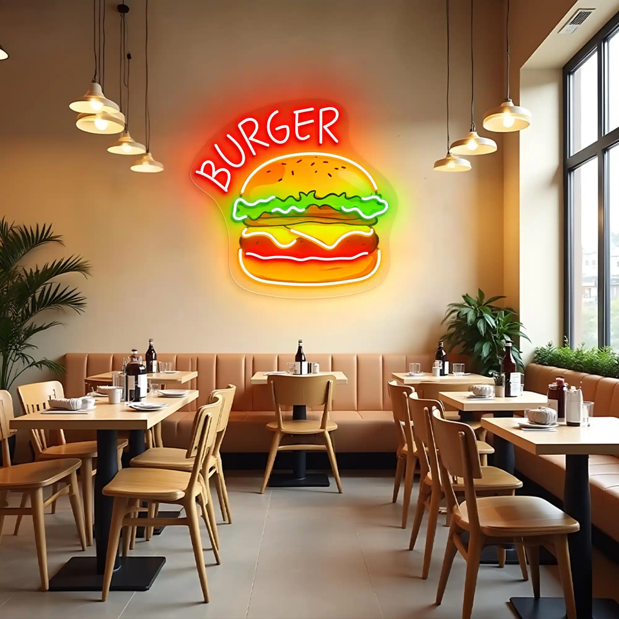 برجر النيون علامة همبرغر الوجبات السريعة مطعم جدار ديكور المطبخ علامة الأعمال برغر متجر الجدار شنقا #4