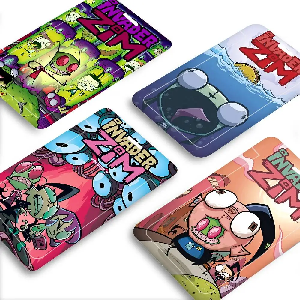 I-Invader Z-Zim Cartoon 1 Pcs Sliding ID Badge Holder with Clear Window ID Card Protector for Office School Staff Student
