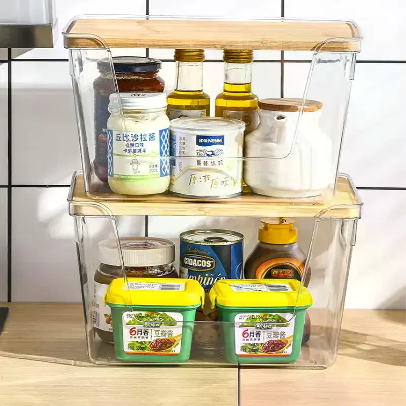 Pantry Organizers Stackable With Wooden Lids Kitchen Storage Clear Bins Under Sink For Onion Potato Fruit Vegetables