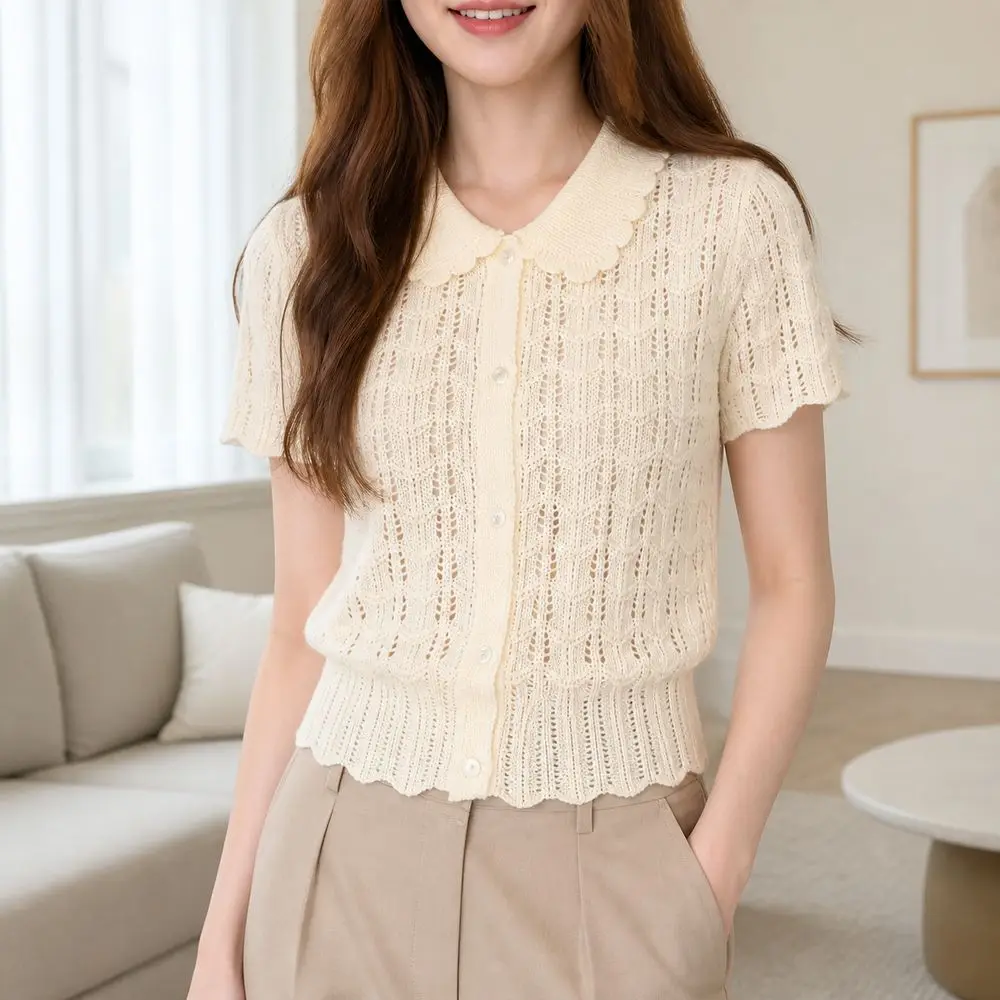 Openwork Texture Short Sleeve Knit Shirt Button Front Cropped Style Knit Cardigan Peter Pan Collar Women's T-shirt