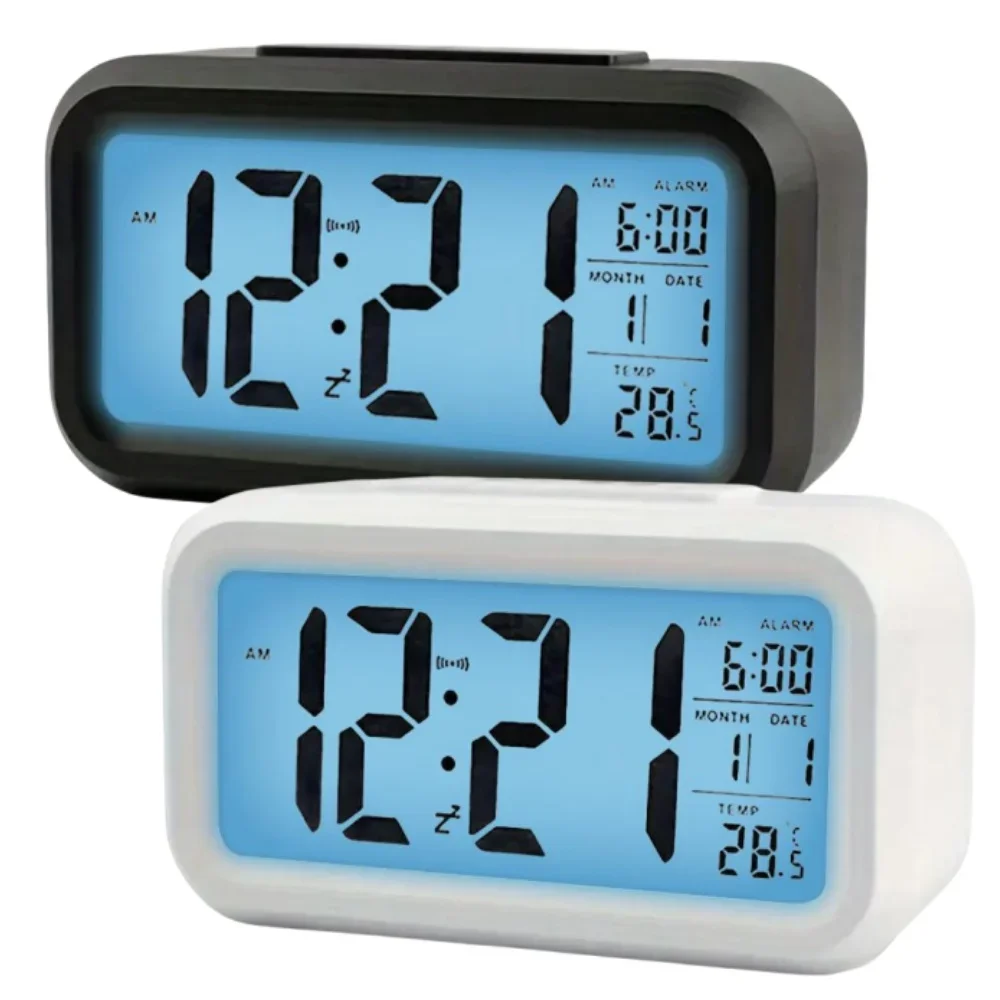 Smart Digital Alarm Clock with Temperature Calendar Timer, LED LCD Display for Bedroom Office Desk, No Battery Included