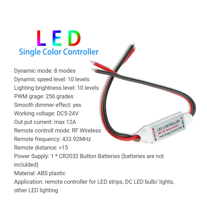 Miniregulador de intensidad LED de un solo Color, Control remoto inalámbrico RF, 11 teclas, DC 5V, 12V, 24V, 12A, 5050, 2835, 3014, tiras de luces