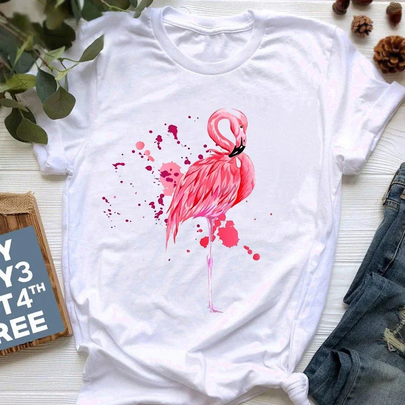 Casual Harajuku T Shirt Female Summer Clothing White Tops New Flamingo Women Clothes Fashion Short Sleeve Tee Print Women Shirt