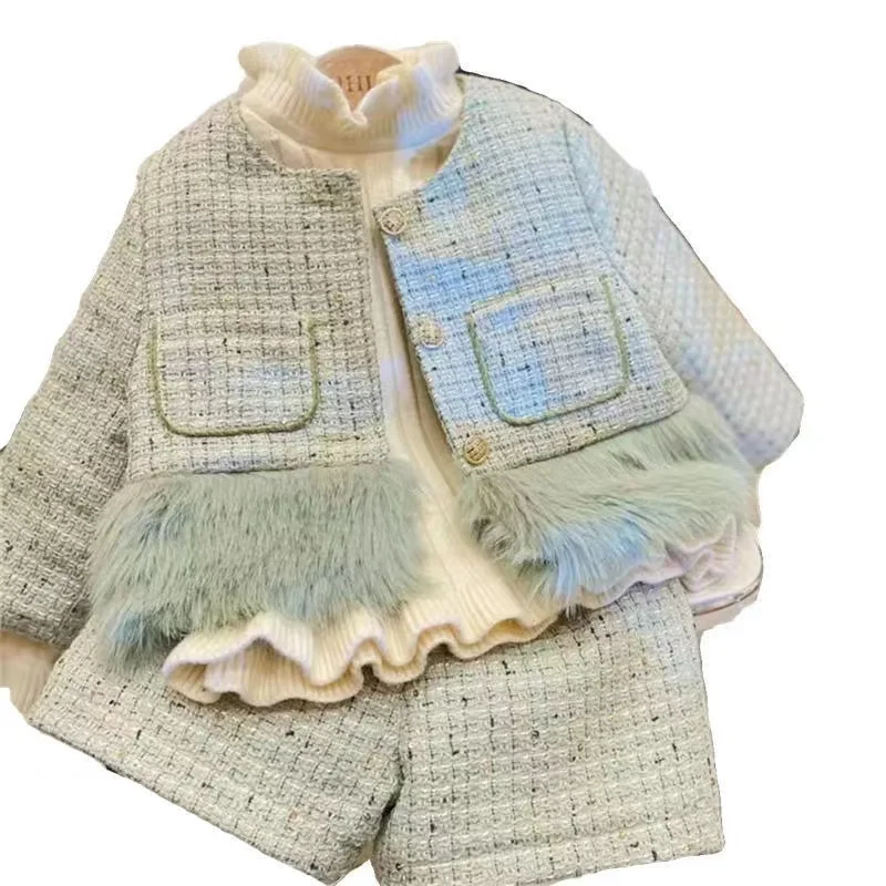 

New Girls' Woolen Two-piece Set 2024 Winter Children's Wear Small Fragrance Fashion Braided Cotton Children's Wear Set