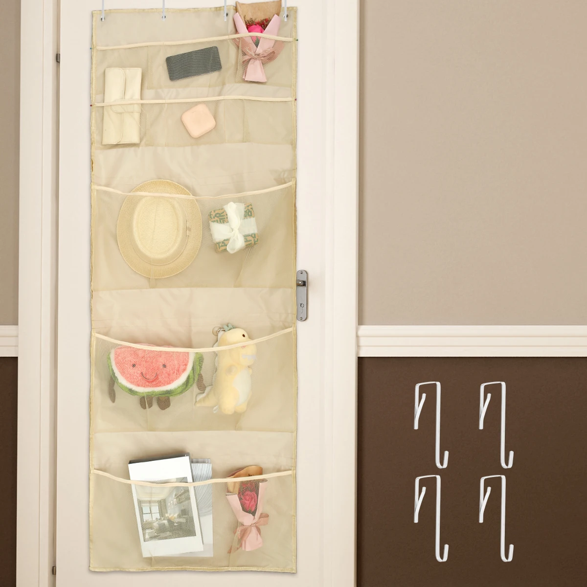 

Lzyoehin-Beige Over Th Door Organizer, Мягкое хранилище для животных, Плюшевая игрушка, Подвесная сетка для хранения, 9 карманов