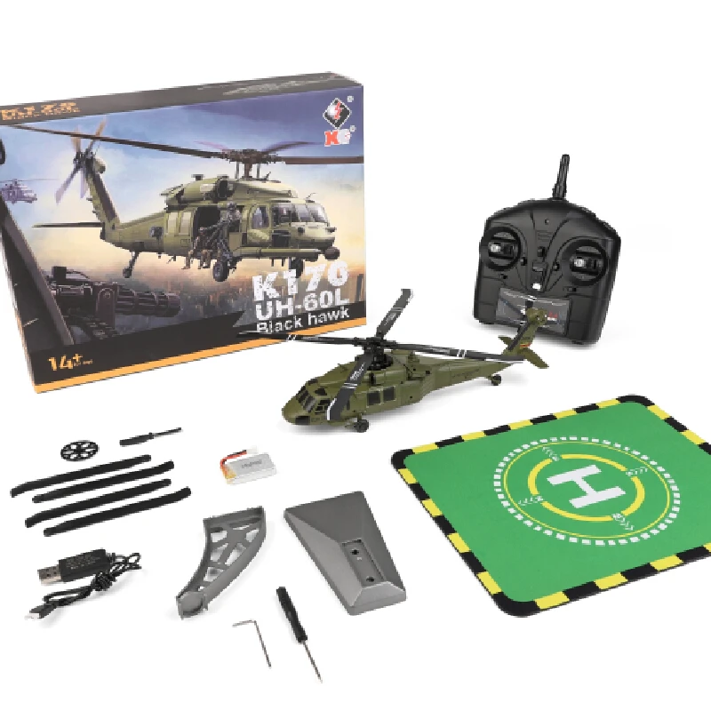 Wltoys K170 Helicóptero de controle remoto UH-60L Helicópteros sem escova de 4 canais com giroscópio e luz LED Avião durável brinquedo presente