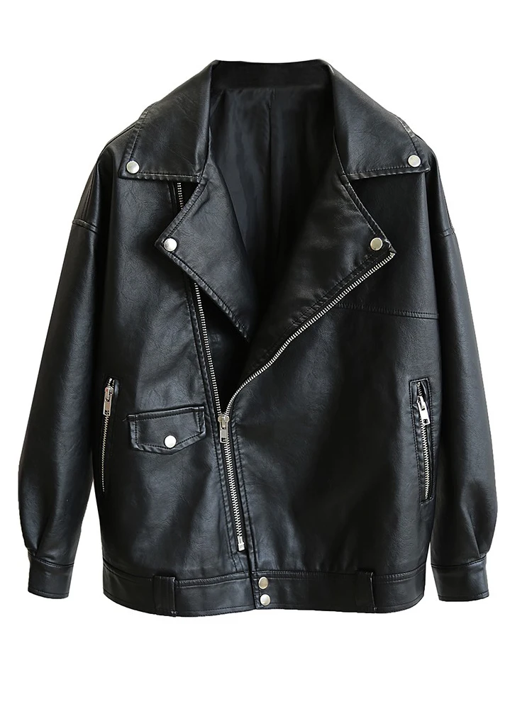 FTLZZ New Autumn Women Faux Leather Jacket Motorcycle Biker Pu Leather Coat Black Loose BF Style Ladies Outwear