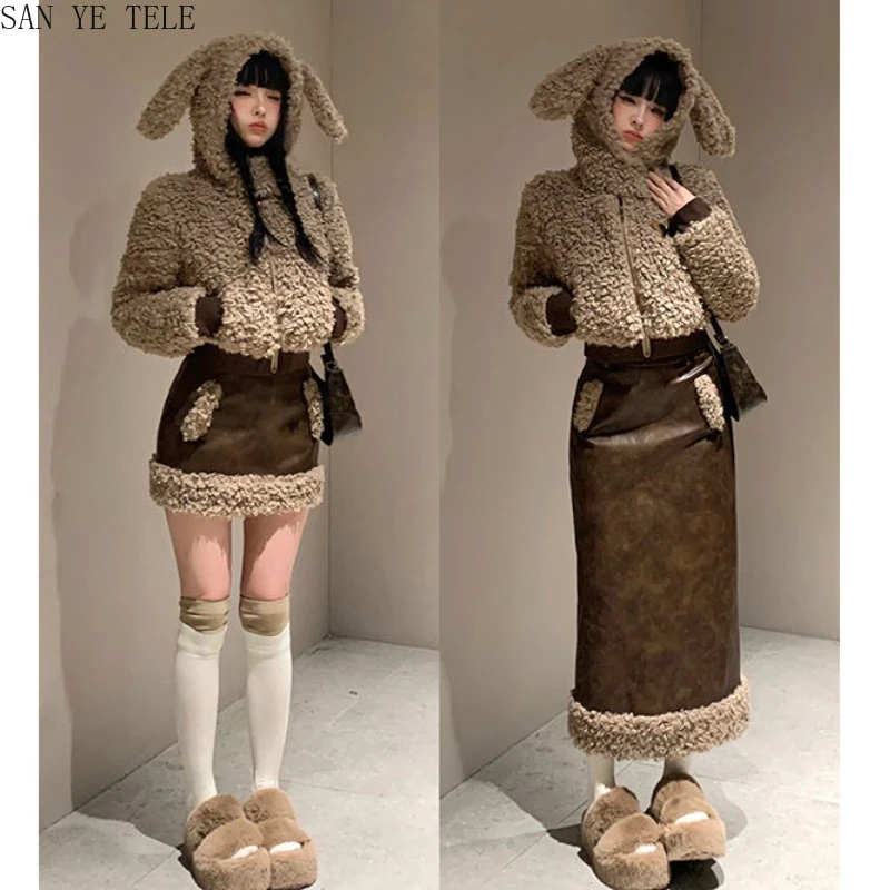 

Cute Rabbit Ears Warm Plush Jacket Women Autumn Winter Thick Half Skirt Japanese Y2k Gothic Lamb Wool Two Piece Sets