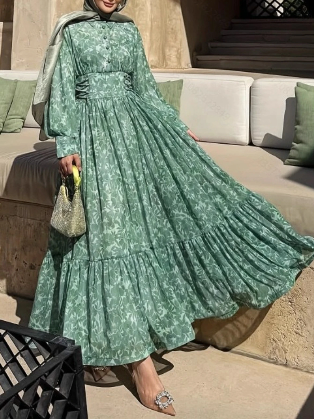 

Eid Women Dress Muslim Abaya Party Button Lapel Jalabiya Ramadan Print Bandage Vestidos Largos Arab Long Robe Morocco Kaftan