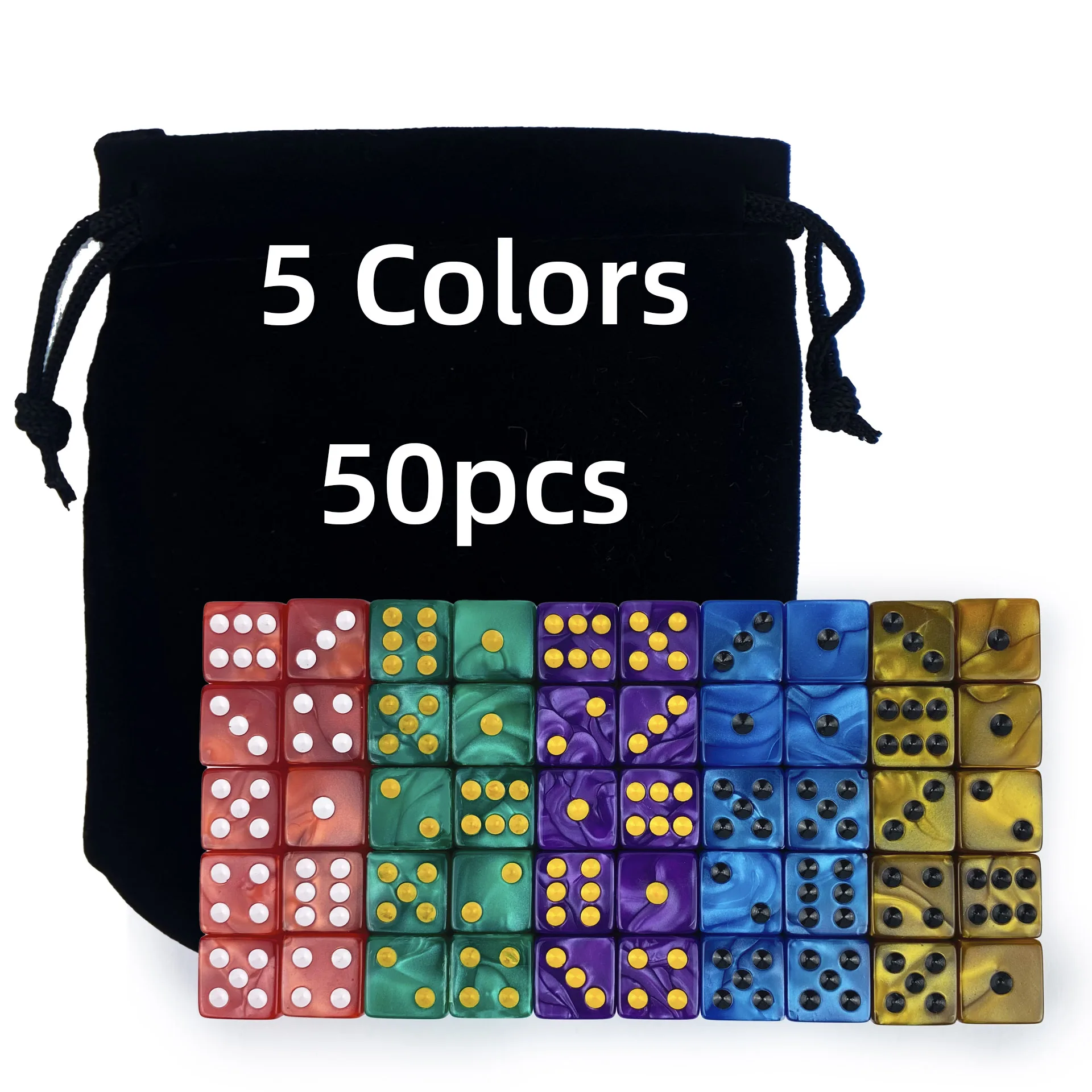 50 PCS 16MM 6 Sided Dice Set ,Pearl Colors Square Corner Dice with Velvet Pouch for Tenzi, Farkle, Yahtzee, Teaching Math