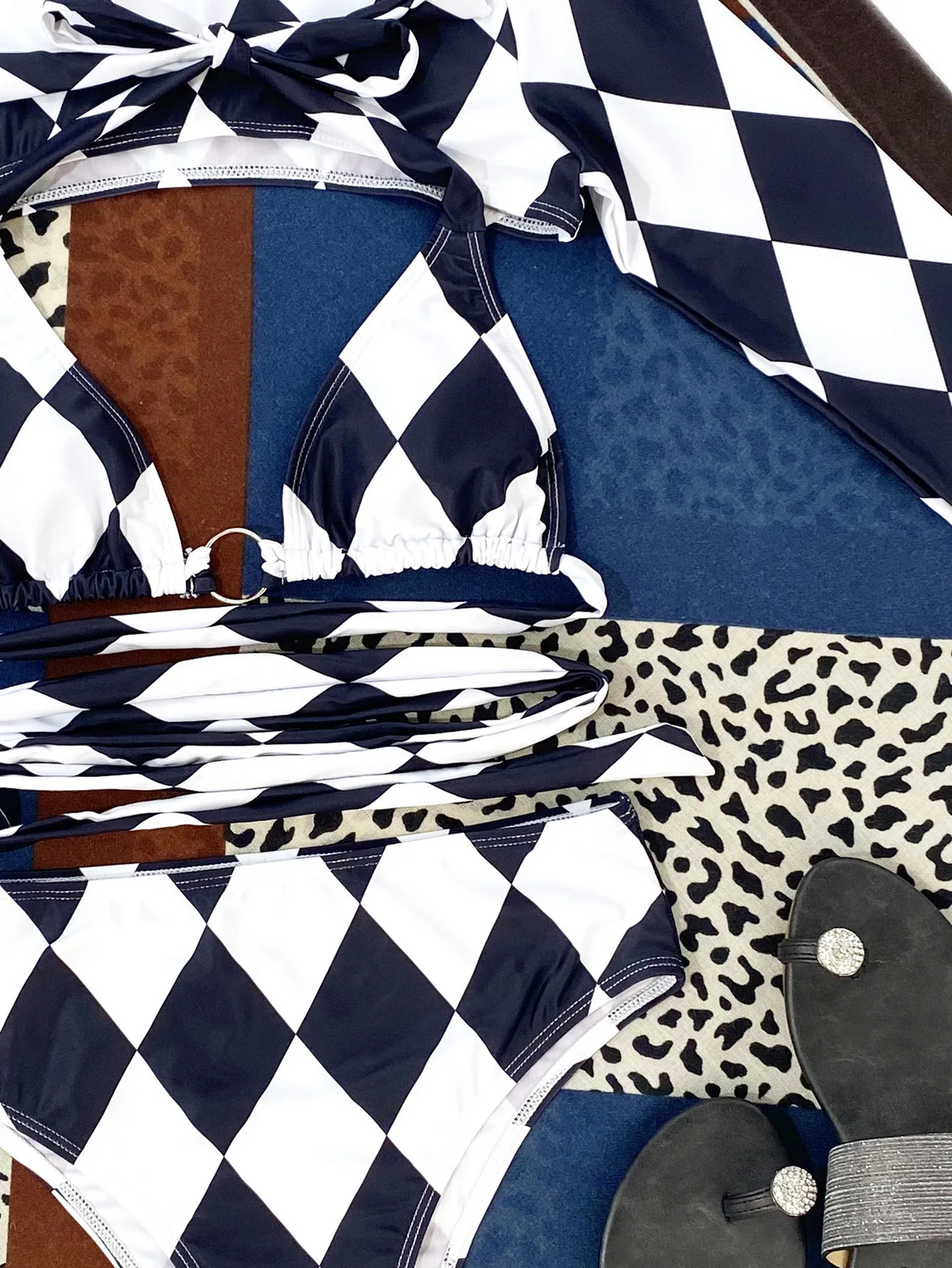 DEKA Conjunto de bikini a cuadros de talle alto para mujer, traje de baño camisola con estampado de celosía, traje de baño dividido bandeau separado sexy